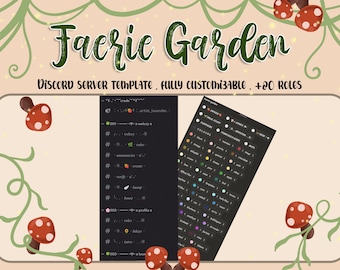 Op de afbeelding: Een digitale illustratie van een Discord-servertemplate voor een server met het thema feeëntuin. De template heeft een zwarte achtergrond met witte tekst en pictogrammen. De tekst bevat de woorden "Faerie Garden", "Discord Server Template", "Fully Customizable" en "+20 Roles". De afbeelding bevat ook een verscheidenheid aan pictogrammen, waaronder paddenstoelen, bloemen en sterren.
