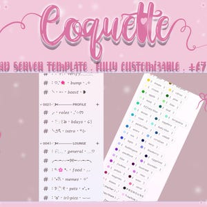 May include: Pink digital art featuring the word "Coquette" in a cursive font. The image promotes a Discord server template, highlighting its fully customizable features and over 67 roles. Includes color swatches and server channel examples.