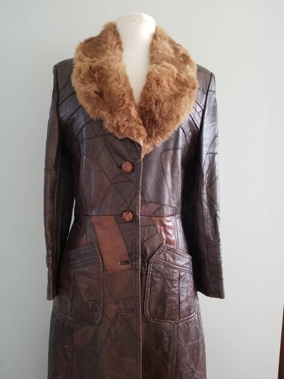 Patchwork Leather Trench with fur collar 1970s