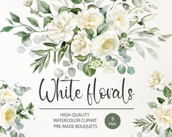 Watercolor white flower clipart. Creamy ivory alabaster rose PNG. Eucalyptus bouquet. Floral wedding invitation Digital download 020