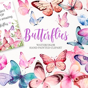 Imágenes prediseñadas de mariposa de acuarela, mariposas rosas PNG, diseño púrpura, azul y turquesa para fiesta de cumpleaños, baby shower. Descarga digital 006