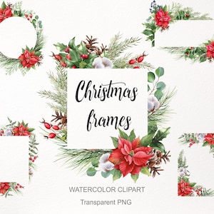 Weihnachten Cliparts Rahmen. Weihnachtsstern Aquarell Border PNG. Winter Blumenkranz. Eckig, rund, eckiger Design. Karte-Hintergrund. Digital