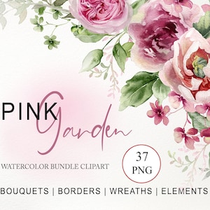 Rosa Blumen Clipart. Aquarell Rose, Pfingstrose. Blumenborte, Kranz, Rahmenbund. Hochzeit Clip art Kommerzielle Nutzung Digitaler Download 009