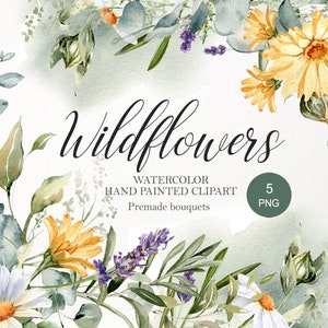 Clipart de flores silvestres. Arranjos PNG de flores margaridas, buquê de eucalipto e lavanda. Convite de casamento em aquarela. Cartão faça você mesmo para o dia das mães 008