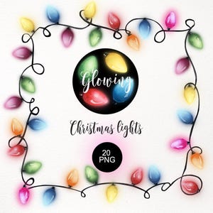 Bordure de lumières de Noël PNG. Ampoule clipart colorée. Guirlande rétro. Cadre rond carré. Lampe scintillante festive. Téléchargement numérique