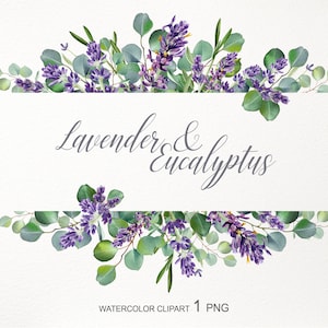 Aquarell Eukalyptus und Lavendel Bordüre. Lila blumen Clipart. Hochzeit Blumenrahmen PNG. Grußkarte, digitale Einladung, Save the Date