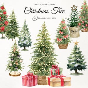 Kerstboomclipart. Aquarel kerstboom, png. Gedecoreerde spar. Ornamenten clipart, kerstballen, cadeau. Geschilderde digitale illustratie