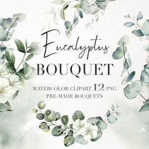 Eukalyptus PNG Clipart. Elegantes Aquarell Greenery. Blumengesteck. Salbeigrüne Blätter & weiße Blume zur Hochzeitseinladung 001