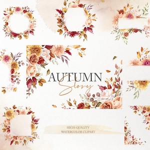 Clipart cornice floreale autunnale. PNG bordo autunnale acquerello. Fiori in terracotta arancione bruciato e bordeaux. Matrimonio boho Download digitale 012