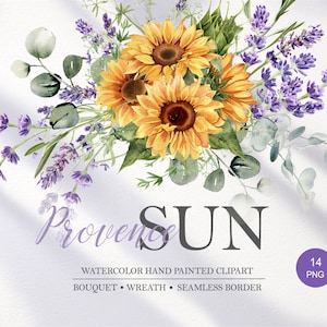 ひまわり、ラベンダー、ユーカリの花のクリップアート。素朴な花束 PNG。シームレスなボーダーリース。水彩画、デジタルダウンロード 010