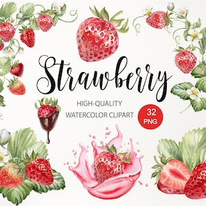 Clipart fraise aquarelle. Illustration de fraises PNG. Image clipart fruit frontière Fruits rouges au chocolat Éclaboussures de jus. Image numérique