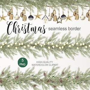 Kerstrand clipart. Aquarel kerstboomslinger, png. Wintergroen. Kerstverlichting, boomtak. Digitale download