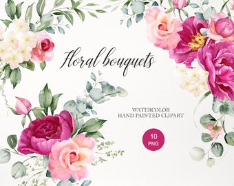 Watercolor Peony clipart. Magenta flowers PNG. Fuchsia floral Wedding bouquets. Bright pink roses & eucalyptus arrangement 007