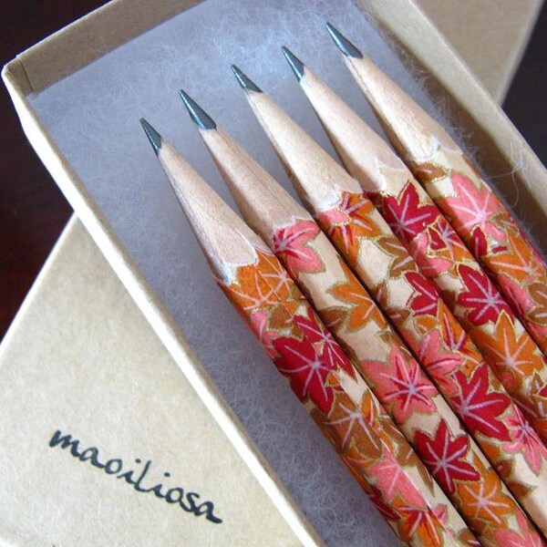 autumn leaves pencils wrapped in chiyogami - set of 5 - autumn afternoon