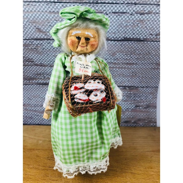 1984 Folk Art Handmade Maine Clam Seller Granny Doll with Carved Wood Face Sandy Joy Callahan