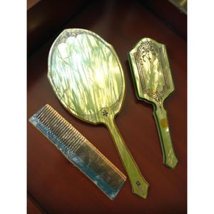 Vintage Vanity Brush & Mirror Set – Green Pearloid Dresser Duo with Gold Trim | Midcentury Glamour