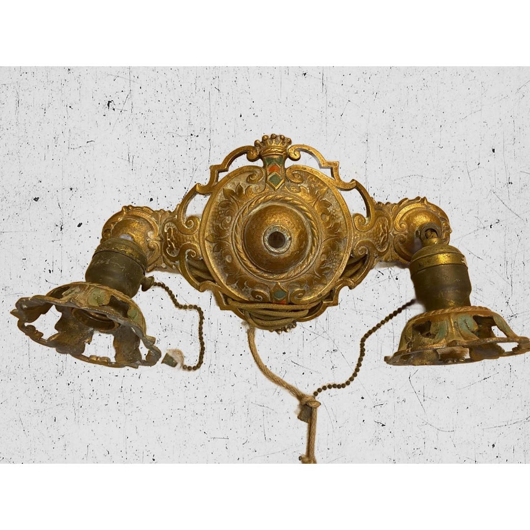 Image showcasing Antique Art Deco Metal Lighting Fixture Wall Sconce Ornate Design Pull ...