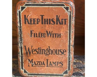 Vintage Westinghouse Mazedonien Lampen Tin Box Fahren sicher Ersatzbirnen Aufbewahrungsbehälter Made In USA Sammlerzustand