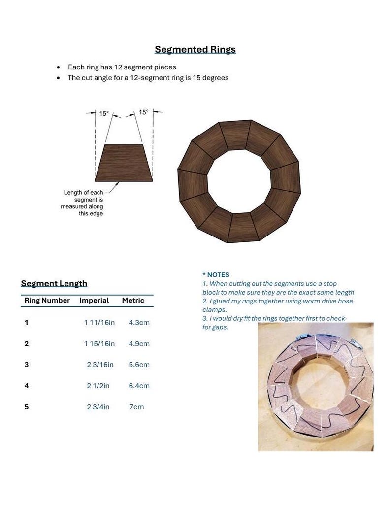 May include: Diagram showing how to make segmented rings out of wood. The diagram shows a 12-segment ring with a 15-degree cut angle. A table lists the length of each ring segment in inches and centimeters.