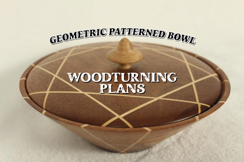 May include: Woodturning plans for a geometric patterned bowl. The bowl is made of dark wood with light wood inlays, creating a starburst pattern. The bowl has a lid with a small wooden knob.