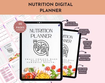 May include: Digital nutrition planner with a clean design. The cover features a plate graphic with vegetables and text that reads "Nutrition Planner". Includes 65 hyperlinked pages. Additional features include meal planning and habit-based nutrition.