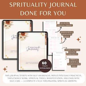 May include: Digital spirituality journal with a floral design on the cover. The journal includes 60 hyperlinked pages with sections for self-awareness, daily practices, energy work, spiritual tools, manifestation, and self-care. The journal is designed to help with spiritual growth.