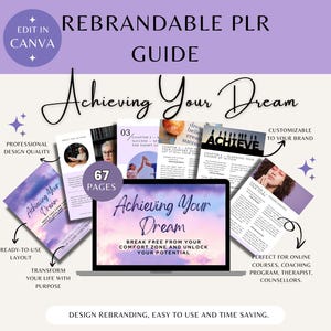 May include: A digital guide titled "Achieving Your Dream" with a laptop display and several pages. The guide is designed for online courses, coaching programs, and therapists. The cover features a purple and pink gradient with the text "Achieving Your Dream".