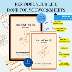 Done for you Remodel Your Life Workbook,  Life Audit Planner, Self Discovery Workbook, Personal Growth Journal, Mindset Reset,Canva editable