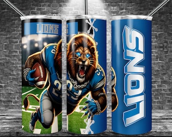 May include: A blue and silver tumbler with a graphic of a lion wearing a football uniform and the word "LIONS" on it.