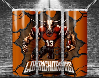 Diseños de sublimación de vaso delgado Longhorn de 20 oz, Equipo deportivo para envoltura recta Png, Descarga digital PNG