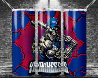 May include: A blue and red stainless steel tumbler with a skull wearing a baseball cap that says "Yankees". The skull is holding a baseball bat and has blue eyes. The tumbler has a comic book style background.