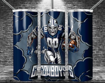 May include: A blue and gray stainless steel tumbler with a graphic of a football player wearing a blue jersey with the number "00" and the word "COWBOYS" on it. The player is wearing a helmet with a skull and crossbones design.