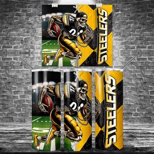 May include: A set of Pittsburgh Steelers themed items. The design features a skeleton football player in a Steelers uniform, holding a football. The items include a tumbler and a poster, with the word "STEELERS" in bold letters.