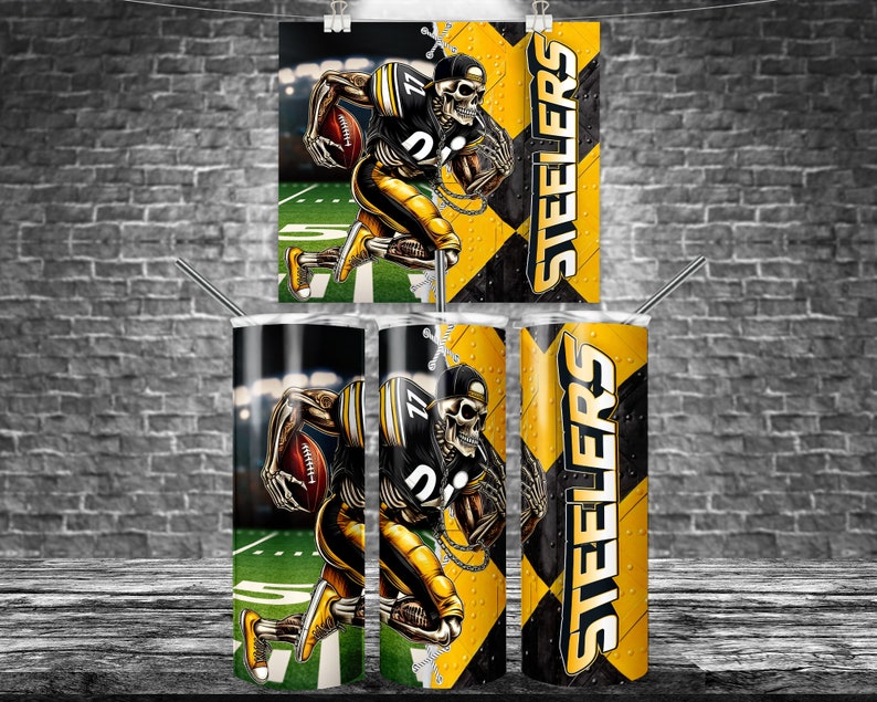 May include: A set of Pittsburgh Steelers themed items. The design features a skeleton football player in a Steelers uniform, holding a football. The items include a tumbler and a poster, with the word "STEELERS" in bold letters.