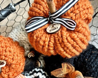 Halloween Knit Pumpkin Decor Centerpiece Halloween Party Decor Black Spooky Pumpkin Decor, Black and White Stripe Halloween Knit Pumpkin