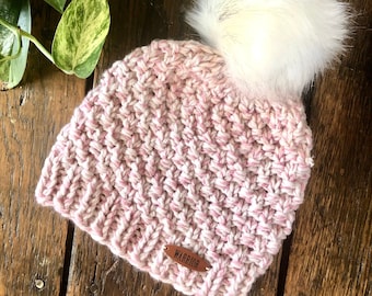 Pink beanie hat, pink beanie PomPom hat, women winter beanie hat, knitted beanie, gift for her, gift for warrior, inspirational gift, beanie