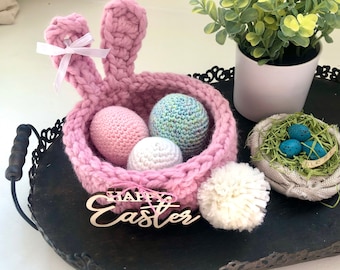 Crochet Easter Bunny Basket Spring Home Decoration Centerpiece Easter Planter Basket Easter Gift for Child Candy Basket