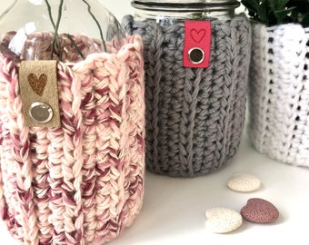 Mason Jar Crochet Cozy Plant Decor Candle Cover Valentine's Day Gift Mother's Day Gift Teacher Gift Candy Jar Farmhouse Flower Vase