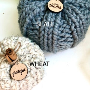 Peut inclure: Deux citrouilles tricot&eacute;es, l'une de couleur bleu ardoise avec une &eacute;tiquette "give thanks" et l'autre de couleur cr&egrave;me avec une &eacute;tiquette "grateful".