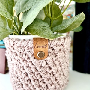 May include: A pink crocheted plant pot with a brown leather tag that says "Loved".