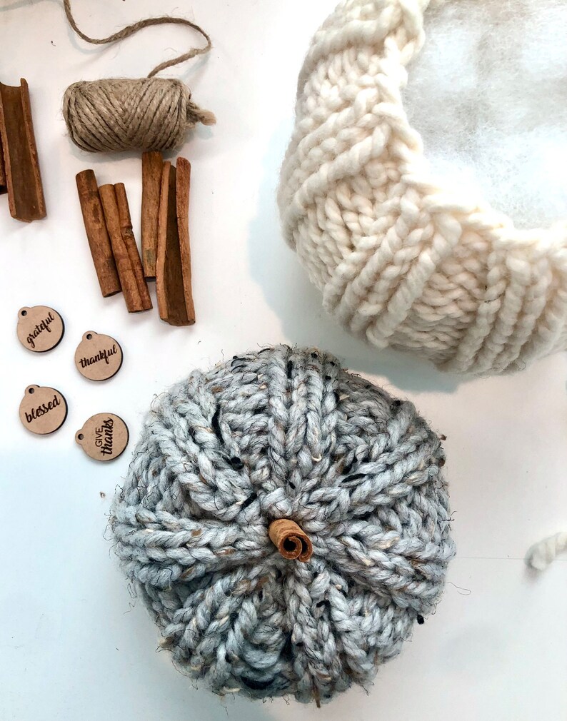 Peut inclure: Une citrouille tricot&eacute;e grise avec une tige en b&acirc;ton de cannelle. La citrouille est entour&eacute;e de fournitures d'artisanat, y compris de la ficelle, des b&acirc;tonnets de cannelle et des &eacute;tiquettes en bois avec des mots comme "reconnaissant", "reconnaissant" et "b&eacute;ni".
