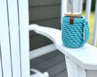 Crochet Cup Cozy With Handle Iced Coffee Coozie Sleeve Reusable Tumbler Cozy Teacher Gift Cold Brew Cozy With Leather Tag