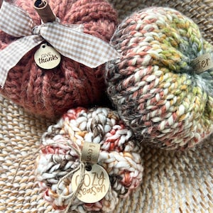 May include: Three handmade knit pumpkins in a woven basket. The large rust-colored pumpkin has a cinnamon stick stem, a beige gingham ribbon, and a tag reading "GIVE thanks". The smaller pumpkins feature variegated yarn and tags reading "cozy season".