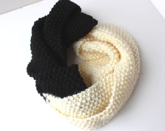 Knitted Infinity Scarf Black and White Chunky Women's Winter Scarf Mother's Day Gift Teen Infinity Scarf Ready to Ship