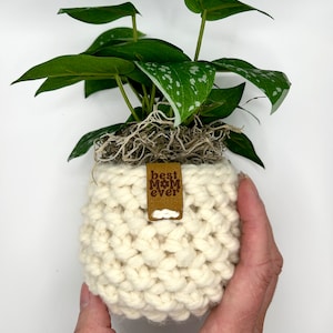 May include: A small potted plant with green leaves and white speckles, nestled in a cream-colored, chunky knit pot. A small leather tag with the words "best MOM ever" is attached to the pot. The plant is held in a hand.