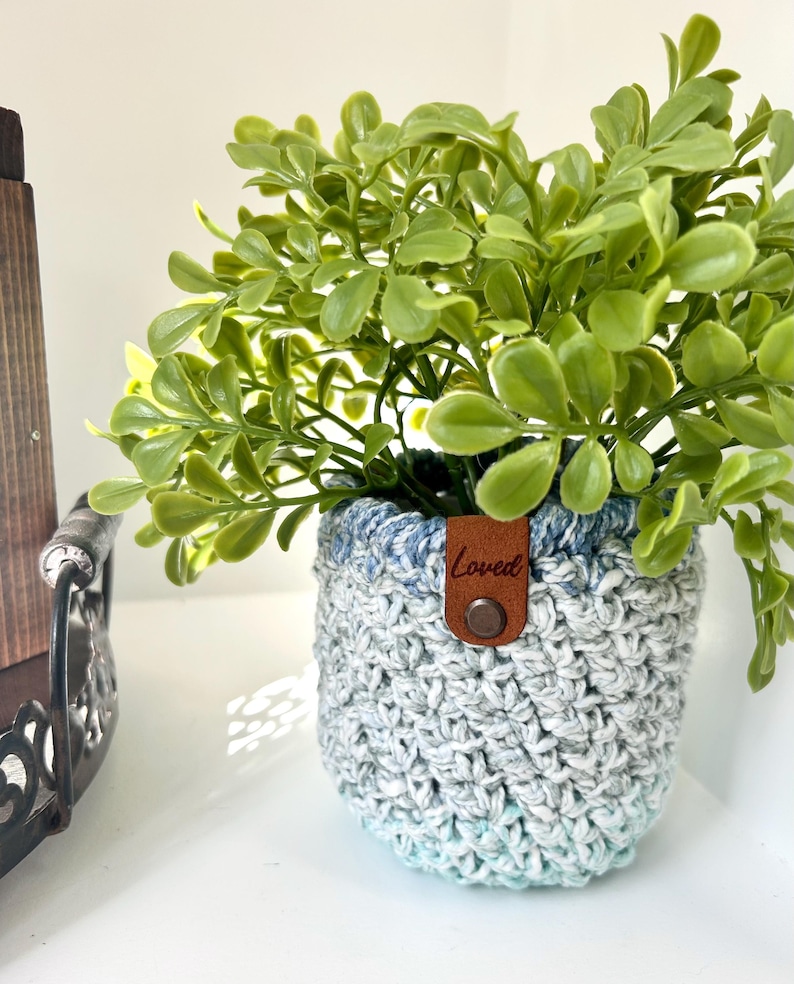 May include: A crocheted plant pot with a blue and green ombre design. The pot has a brown leather tag with the word "Loved" written on it. A small green plant is in the pot.