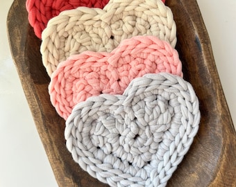 Crochet Heart Coaster Set of 2 or 4 Chunky Farmhouse Valentine Day Decor Heart Coffee Lover Coaster Friend Gift for Home Hostess Gift