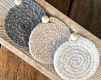 Crochet Coaster Set with Wooden Bead Minimalist Farmhouse Decor Handmade Hostess Gift Bridal Shower Gift Boho Coaster Set