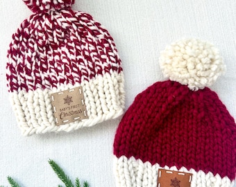 Baby's First Christmas Newborn Beanie Hat with Pom Pom Handmade Holiday Hat for New Baby Photos