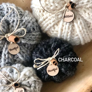 Peut inclure: Quatre citrouilles tricot&eacute;es dans diff&eacute;rentes couleurs et textures. Les citrouilles sont &eacute;tiquet&eacute;es "Fisherman", "Speckled Gray", "Charcoal" et "Fossil". Chaque citrouille a une petite &eacute;tiquette en bois avec un mot dessus : "blessed", "thankful", "thankful" et "give thanks".